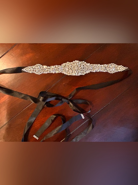 Accessories - Crystal Embellished Bridal Sash Belt with Black Ribbon
